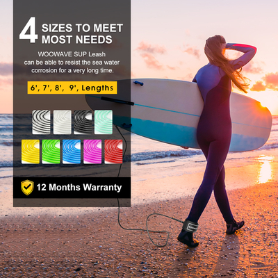 WOOWAVE 11ft SUP Leash ボードをコイルまたはオレンジ色の直線デザインで閉じます